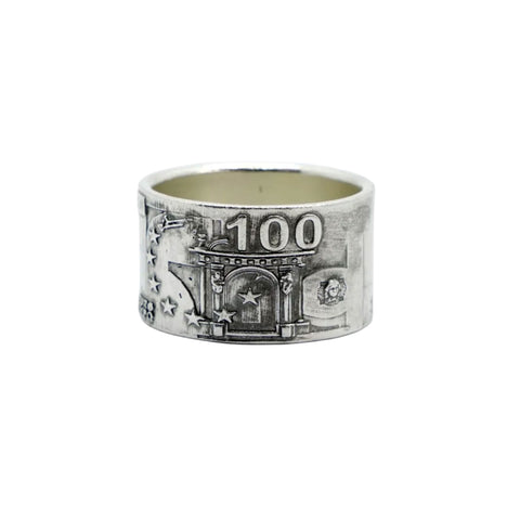 GREED ring in oxidized 925 Sterling Silver cast from a 100 Euro note motif by frantic studio