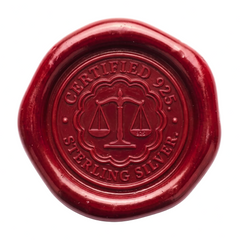 A round red wax seal with embossed text reading 'CERTIFIED 925 STERLING SILVER' and a scale of justice emblem in the center, shown on a plain white background.