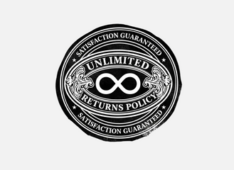 Black and white logo with 'Unlimited Returns Policy' text on a white background
