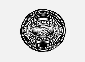 Black and white logo with handshake and text on a white background