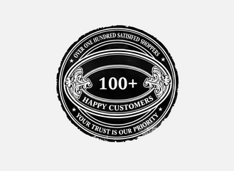Black and white graphic with '100+ Happy Customers' text on a white background