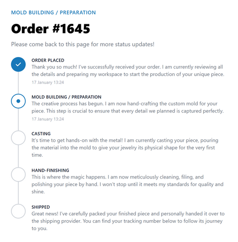 Status update timeline for a custom jewelry order with text detailing each step from 'Order Placed' to 'Shipped'.