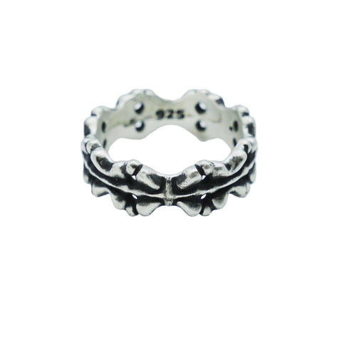Hand-finished oxidized solid 925 Sterling Silver ring model BASTION with a thorny rose and thorn inspired design by frantic studio