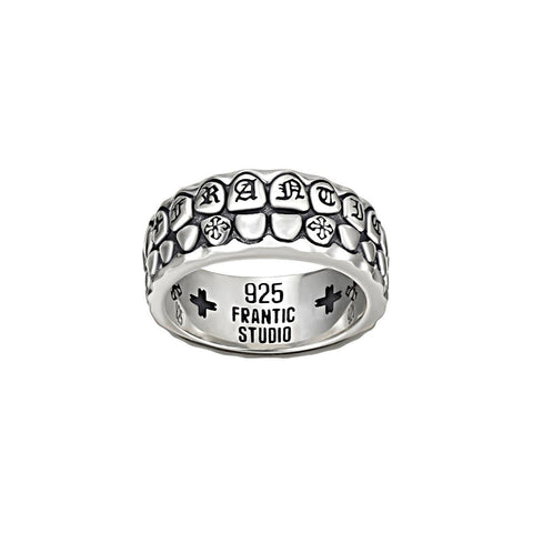 Highly detailed 925 Sterling Silver BITE ring featuring a realistic teeth motif and intricate Old English gothic text engravings with a polished finish by frantic studio