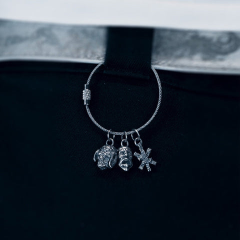 Hand-finished oxidized solid 925 Sterling Silver keychain model CERBERAL with a dark raw aesthetic by frantic studio