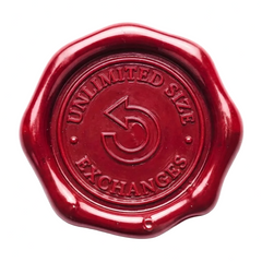 A round red wax seal with embossed text reading 'UNLIMITED SIZE EXCHANGES' and a central symbol, shown on a plain white background.
