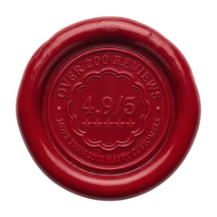 A circular red wax seal featuring an embossed five-star rating with the text 'OVER 200 REVIEWS', '4.9/5', and 'MORE THAN 2000 HAPPY CUSTOMERS' on a plain white background.