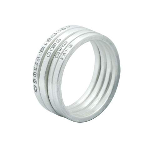 HALLMARK stackable ring bundle of four in matt 925 Sterling Silver with visible hallmarks by frantic studio