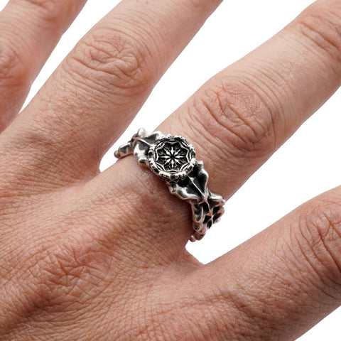 Hand-finished oxidized 925 Sterling Silver ring OSMOSIS with roses and thorns design by frantic studio