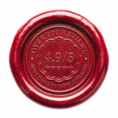 A round, glossy red wax seal featuring an embossed five-star rating with the text 'OVER 200 REVIEWS', 'MORE THAN 2000 HAPPY CUSTOMERS', and '4.9/5' in the center, isolated on a white background.