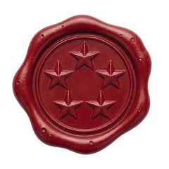 A round red wax seal with a scalloped edge and five embossed stars in the center, shown on a plain white background.