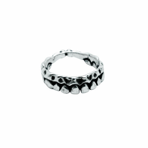 Highly detailed single version 925 Sterling Silver RICTUS ring featuring an oxidized teeth and grillz motif with a dark gothic grunge aesthetic by frantic studio