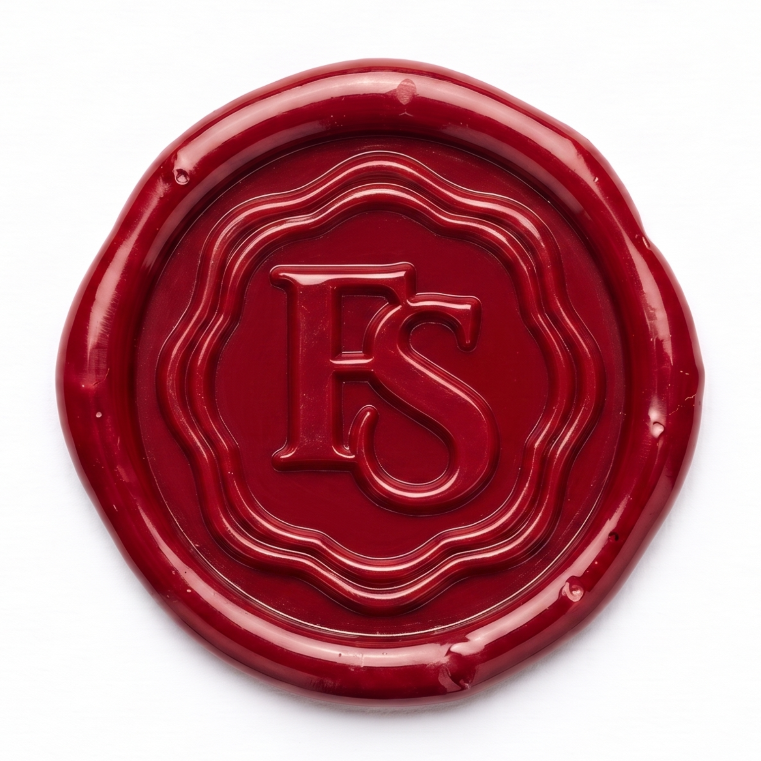 A circular red wax seal with embossed initials 'FS' in the center, isolated on a plain white background.