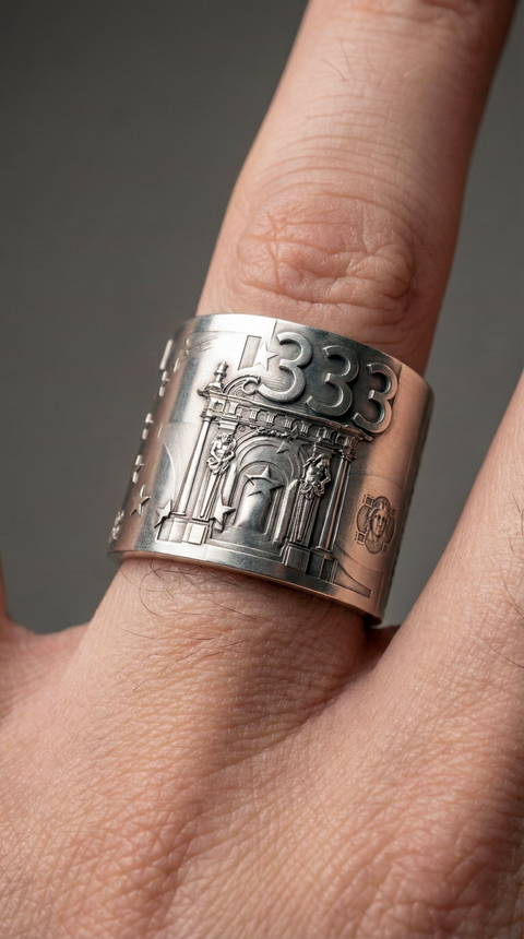 Silver ring with '333' design on a finger against a neutral background