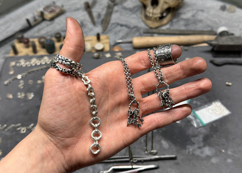 Handfinished Jewelry being shown in studio
