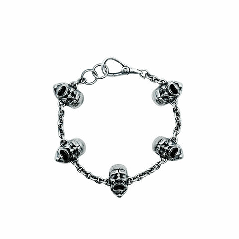 Hand-finished massive 925 Sterling Silver bracelet model AGONY with highly detailed screaming face pendants in a dark oxidized finish by frantic studio