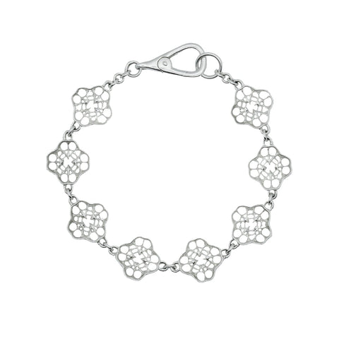 Hand-finished solid 925 Sterling Silver bracelet model CLEE featuring an intricate spider web and luck charm inspired design by frantic studio