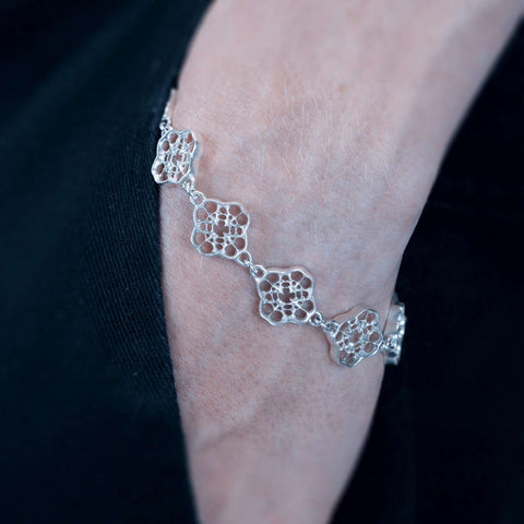 Hand-finished solid 925 Sterling Silver bracelet model CLEE featuring an intricate spider web and luck charm inspired design by frantic studio