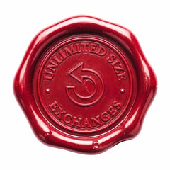 A red wax seal with a scalloped edge, embossed with the text 'UNLIMITED SIZE EXCHANGES' and a circular arrow symbol in the center, isolated on a white background.