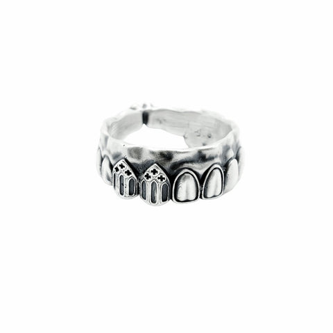 Highly detailed 925 Sterling Silver ring model GRILLZ featuring an oxidized grillz-inspired design and artisanal statement finish by frantic studio