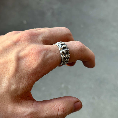 Highly detailed 925 Sterling Silver ring model GRILLZ featuring an oxidized grillz-inspired design and artisanal statement finish by frantic studio