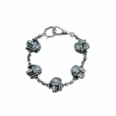 Massive hand-finished 925 Sterling Silver bracelet model OPILIORA featuring highly detailed sheep depictions with a deep sulfur-oxidized finish by frantic studio
