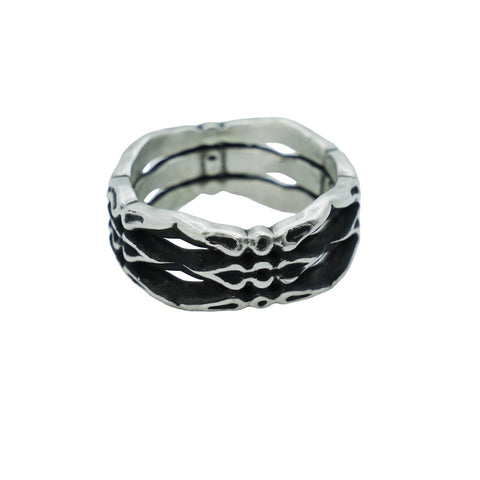 Hand-finished oxidized solid 925 Sterling Silver ring model PHALANX with a bold architectural design by frantic studio