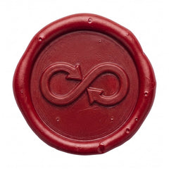 A round red wax seal with a embossed infinity symbol in the center, isolated on a white background.