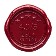 A circular red wax seal stamp featuring embossed five stars, the text '4.9/5' and '250+ REVIEWS', on a plain white background.
