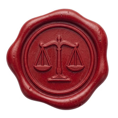 A red wax seal with a embossed scale of justice symbol, isolated on a white background.