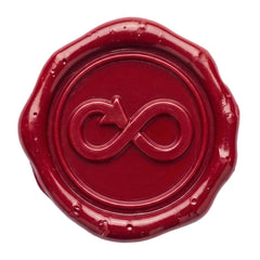 A round red wax seal with a scalloped edge and a raised infinity symbol in the center, shown on a plain white background.